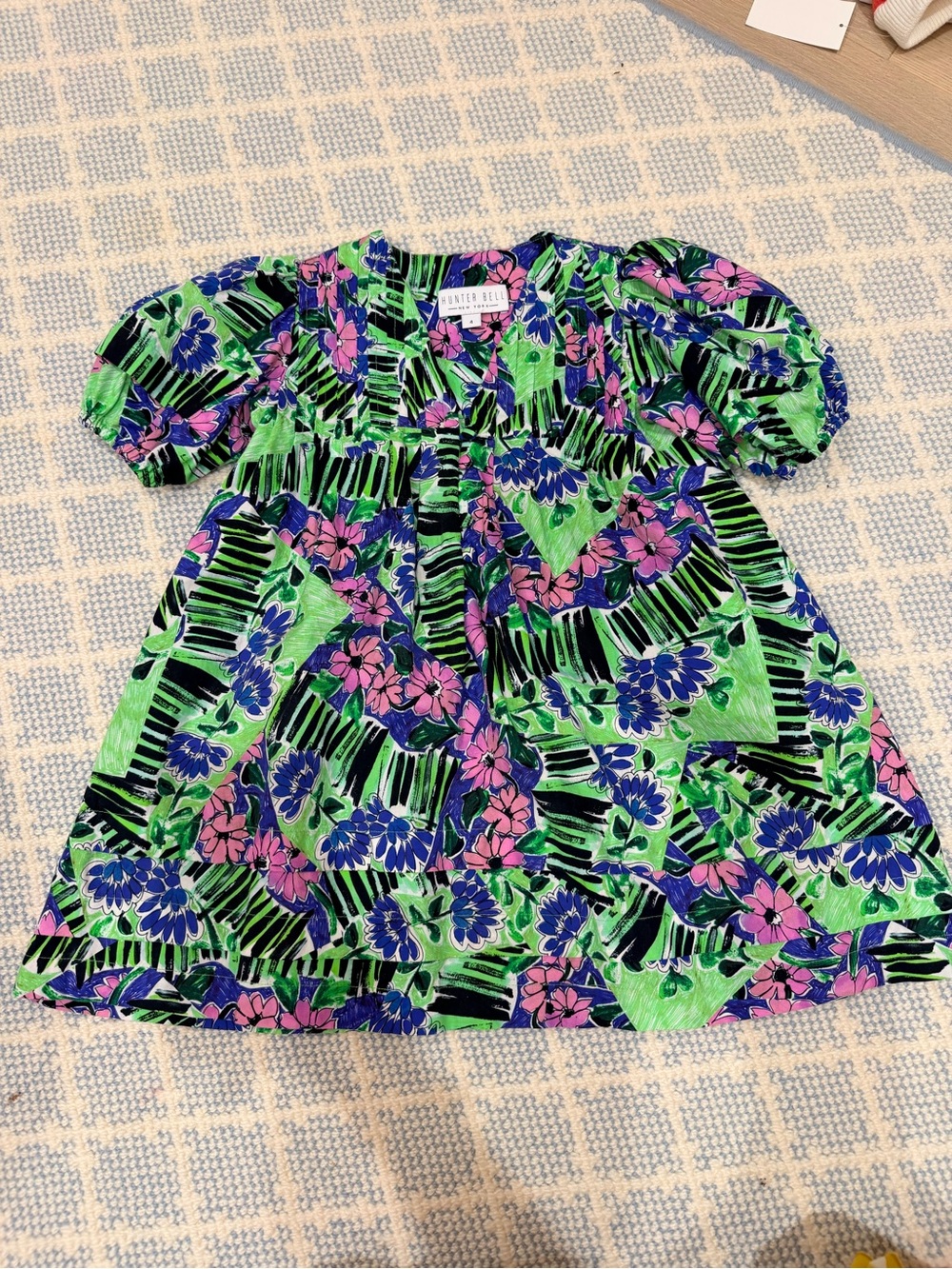 HUNTER BELL Green Black Floral Kids Dress with Pink and Blue Accents